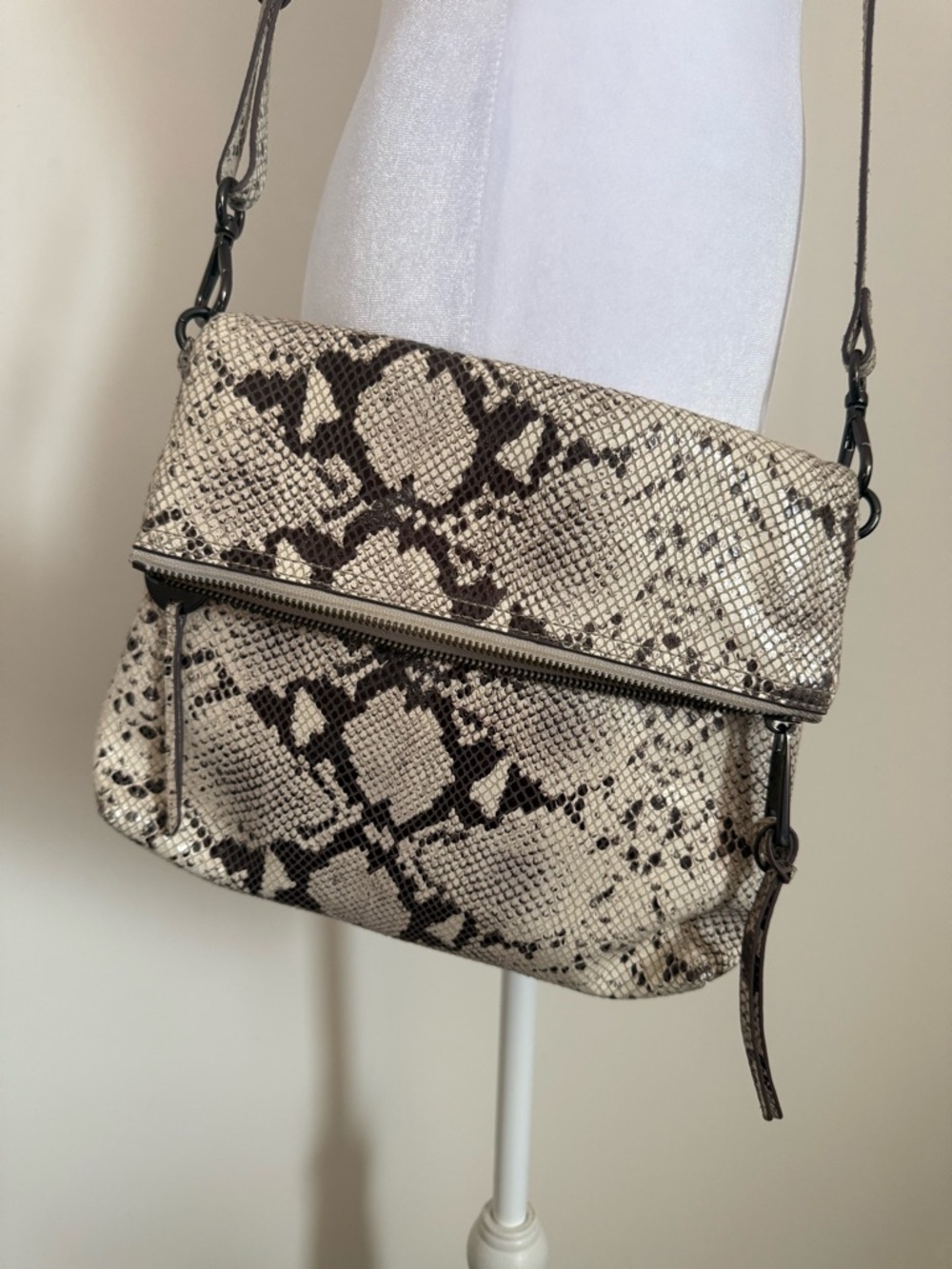 Margot New York Leather Neutral Snake-Print Foldover Crossbody Bag